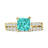 Art Deco 8mm Princess Cut Paraiba Tourmaline CZ Stackable Ring 925 Sterling Silver