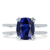 Vintage Style 10mm Cushion Cut Blue Sapphire CZ Art Deco Ring 925 Sterling Silver
