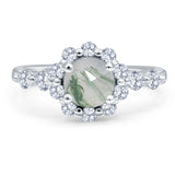 Art Deco Round Natural Green Moss Agate Floral Ring 925 Sterling Silver