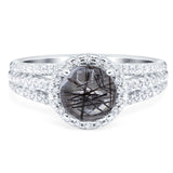 Art Deco Round Natural Rutilated Quartz Stackable Wedding Ring 925 Sterling Silver