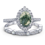 Art Deco Two Piece Oval Natural Green Moss Agate Wedding Set Ring 925 Sterling Silver