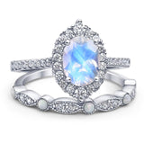 Art Deco Two Piece Oval Natural Moonstone Wedding Set Ring 925 Sterling Silver