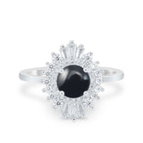 Floral Round Natural Black Onyx Halo Baguette Cocktail Rings 925 Sterling Silver