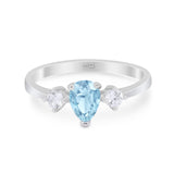 Three Stone Pear Teardrop Natural Aquamarine Ring 925 Sterling Silver