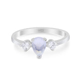 Three Stone Pear Teardrop Natural Moonstone Ring 925 Sterling Silver