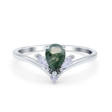 Art Deco Pear Teardrop Natural Green Moss Agate Chevron Ring 925 Sterling Silver