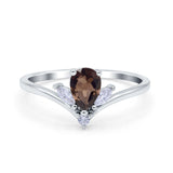 Art Deco Pear Teardrop Natural Chocolate Smoky Quartz Chevron Ring 925 Sterling Silver