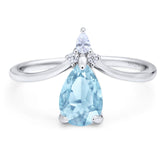 Art Deco Pear Teardrop Natural Aquamarine Chevron Ring 925 Sterling Silver