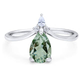 Art Deco Pear Teardrop Natural Green Amethyst Prasiolite Chevron Ring 925 Sterling Silver
