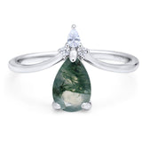 Art Deco Pear Teardrop Natural Green Moss Agate Chevron Ring 925 Sterling Silver
