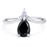 Art Deco Pear Teardrop Natural Black Onyx Chevron Ring 925 Sterling Silver