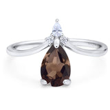 Art Deco Pear Teardrop Natural Chocolate Smoky Quartz Chevron Ring 925 Sterling Silver