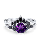 Two Piece Round Natural Amethyst Bridal Chevron Ring 925 Sterling Silver
