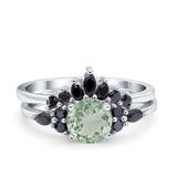Two Piece Round Natural Green Amethyst Prasiolite Bridal Chevron Ring 925 Sterling Silver