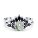 Two Piece Round Natural Green Moss Agate Bridal Chevron Ring 925 Sterling Silver