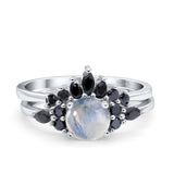 Two Piece Round Natural Moonstone Bridal Chevron Ring 925 Sterling Silver