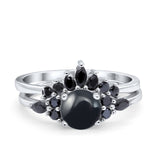 Two Piece Round Natural Black Onyx Bridal Chevron Ring 925 Sterling Silver