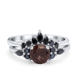 Two Piece Round Natural Chocolate Smoky Quartz Bridal Chevron Ring 925 Sterling Silver