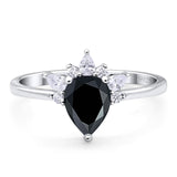 Art Deco Pear Teardrop Natural Black Onyx Wedding Ring 925 Sterling Silver