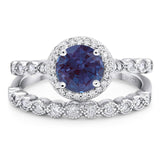 Art Deco Two Piece Round Lab Alexandrite Bridal Ring 925 Sterling Silver