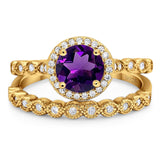 Two Piece Round Natural Stone Wedding Set Ring