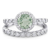 Art Deco Two Piece Round Natural Green Amethyst Prasiolite Bridal Ring 925 Sterling Silver