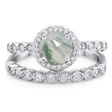 Art Deco Two Piece Round Natural Green Moss Agate Bridal Ring 925 Sterling Silver