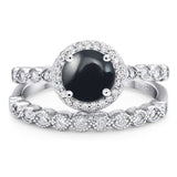 Art Deco Two Piece Round Natural Black Onyx Bridal Ring 925 Sterling Silver