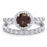 Art Deco Two Piece Round Natural Chocolate Smoky Quartz Bridal Ring 925 Sterling Silver