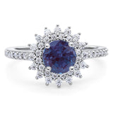 Art Deco Round Lab Alexandrite Halo Wedding Flower Ring 925 Sterling Silver