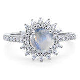 Art Deco Round Natural Moonstone Halo Wedding Flower Ring 925 Sterling Silver
