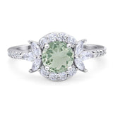 Art Deco Round Natural Green Amethyst Prasiolite Leaf Style Ring 925 Sterling Silver