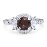 Art Deco Round Natural Chocolate Smoky Quartz Leaf Style Ring 925 Sterling Silver