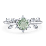 Floral Round Natural Green Amethyst Prasiolite Leaf Design Ring 925 Sterling Silver
