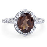 Art Deco Oval Natural Chocolate Smoky Quartz Wedding Ring 925 Sterling Silver