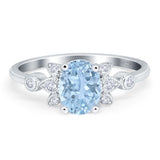 Art Deco Oval Natural Aquamarine Floral Wedding Ring 925 Sterling Silver