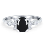 Art Deco Oval Natural Black Onyx Floral Wedding Ring 925 Sterling Silver