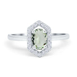 Art Deco Oval Natural Green Amethyst Prasiolite Hexagonal Shaped Ring 925 Sterling Silver