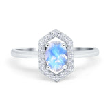 Art Deco Oval Natural Moonstone Hexagonal Shaped Ring 925 Sterling Silver