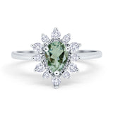 Art Deco Pear Teardrop Natural Green Amethyst Prasiolite Floral Ring 925 Sterling Silver