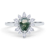 Art Deco Pear Teardrop Natural Green Moss Agate Floral Ring 925 Sterling Silver