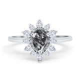 Art Deco Pear Teardrop Natural Rutilated Quartz Floral Ring 925 Sterling Silver