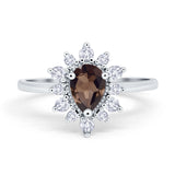 Art Deco Pear Teardrop Natural Chocolate Smoky Quartz Floral Ring 925 Sterling Silver
