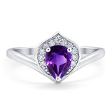 Pear Teardrop Natural Amethyst Leaf Chevron Ring 925 Sterling Silver
