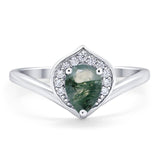 Pear Teardrop Natural Green Moss Agate Leaf Chevron Ring 925 Sterling Silver
