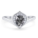 Pear Teardrop Natural Rutilated Quartz Leaf Chevron Ring 925 Sterling Silver