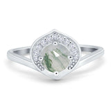 Vintage Style Round Natural Green Moss Agate Leaf Style Ring 925 Sterling Silver