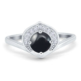 Vintage Style Round Natural Black Onyx Leaf Style Ring 925 Sterling Silver