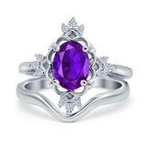 Two Piece Oval Natural Amethyst Bridal Chevron Ring 925 Sterling Silver