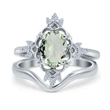 Two Piece Oval Natural Green Amethyst Prasiolite Bridal Chevron Ring 925 Sterling Silver